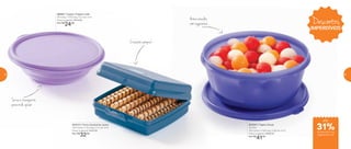 88686 | Tupper Pragela Lilás
18 comp. X 16,6 larg. X 5,1 alt. (cm)
Preço sugerido: R$34,00
Por: R$
24,00
Sirva e transporte
para onde quiser
Crocante sempre!
Armazenados
com segurança
802041 | Tigela Visual
1,5 Litro
19,3 comp. X 19,6 larg. X 9,6 alt. (cm)
Preço sugerido: R$56,00
Por: R$
41,00
803231 | Porta Sanduíche Jeans
13,9 comp. X 13,3 larg. X 5,1 alt. (cm)
Preço sugerido: R$47,00
Por: R$
32,00
Descontos
IMPERDÍVEIS
até
de desconto nas
páginas 60 e 61
31%
60 61
 