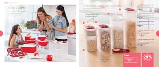 Para guardar os alimentos secos,
como granola, cereais e grãos.
Tudo organizado na nova casa
São empilháveis, ajudam
a arrumar o armário
A tampa também
é um medidor
1 | 802449 | Modular Oval 1 Plus
500ml
18,6 comp. X 9,5 larg. X 6 alt. (cm)
R$
40,00
2 | 802418 | Modular Oval 2 Plus
1,1 Litro
18,6 comp. X 9,5 larg. X 11,6 alt. (cm)
R$
53,00
3 | 802419 | Modular Oval 3 Plus
1,7 Litro
18,6 comp. X 9,5 larg. X 16,7 alt. (cm)
R$
61,00
4 | 802420 | Modular Oval 4 Plus
2,3 Litros
18,6 comp. X 9,5 larg. X 17,3 alt. (cm)
Preço sugerido: R$74,00
Por: R$
52,00
5 | 802421 | Modular Oval 5 Plus
2,9 Litros
18,6 comp. X 9,5 larg. X 22,8 alt. (cm)
Preço sugerido: R$84,00
Por: R$
61,00
1
2
3
4
5
Leve
Modular Oval Plus 500ml +
1,1 Litro + 1,7 Litro
Por: R$
112,00 o conjunto
Cód. do conjunto | 802514
Produtos incríveis que toda
cozinha precisa ter!
Chá de Cozinha
até
Chá de Cozinha
de desconto na
página 9
29%
8 9
 