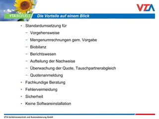 Standardumsetzung für  Vorgehensweise Mengenumrechnungen gem. Vorgabe Biobilanz Berichtswesen Aufteilung der Nachweise Überwachung der Quote, Tauschpartnerabgleich Quotenanmeldung Fachkundige Beratung Fehlervermeidung Sicherheit Keine Softwareinstallation Die Vorteile auf einem Blick 