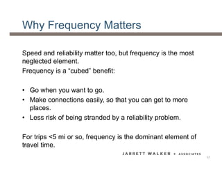 Why Frequency Matters
Speed and reliability matter too, but frequency is the most
neglected element.
Frequency is a “cubed” benefit:
• Go when you want to go.
• Make connections easily, so that you can get to more
places.
• Less risk of being stranded by a reliability problem.
For trips <5 mi or so, frequency is the dominant element of
travel time.
12
 