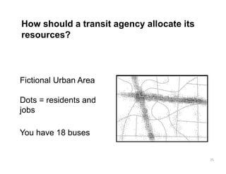 How should a transit agency allocate its
resources?
Fictional Urban Area
Dots = residents and
jobs
You have 18 buses
25
 