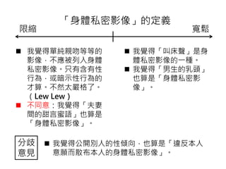  我覺得「叫床聲」是身
體私密影像的一種。
 我覺得「男生的乳頭」
也算是「身體私密影
像」。
 我覺得單純親吻等等的
影像，不應被列入身體
私密影像。只有含有性
行為，或暗示性行為的
才算。不然太嚴格了。
（Lew Lew）
 不同意：我覺得「夫妻
間的甜言蜜語」也算是
「身體私密影像」。
 我覺得公開別人的性傾向，也算是「違反本人
意願而散布本人的身體私密影像」。
分歧
意見
「身體私密影像」的定義
限縮 寬鬆
 