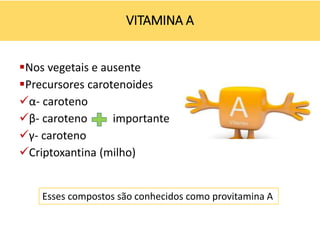 Nos vegetais e ausente
Precursores carotenoides
α- caroteno
β- caroteno importante
γ- caroteno
Criptoxantina (milho)
VITAMINA A
Esses compostos são conhecidos como provitamina A
 