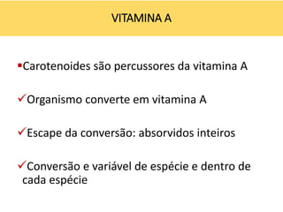 Carotenoides são percussores da vitamina A
Organismo converte em vitamina A
Escape da conversão: absorvidos inteiros
Conversão e variável de espécie e dentro de
cada espécie
VITAMINA A
 