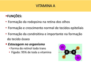 FUNÇÕES:
• Formação da rodopsina na retina dos olhos
• Formação e crescimento normal de tecidos epiteliais
• Formação da condroitina e importante na formação
do tecido ósseo
 Estocagem no organismo
• Forma do retinol todo trans
• Fígado: 95% de toda a vitamina
VITAMINA A
 