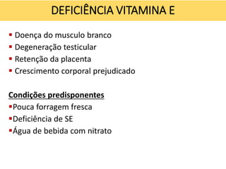  Doença do musculo branco
 Degeneração testicular
 Retenção da placenta
 Crescimento corporal prejudicado
Condições predisponentes
Pouca forragem fresca
Deficiência de SE
Água de bebida com nitrato
DEFICIÊNCIA VITAMINA E
 