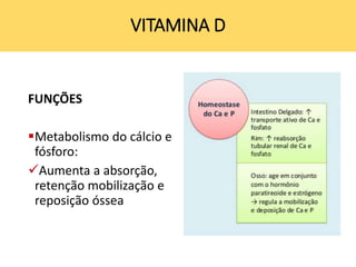 FUNÇÕES
Metabolismo do cálcio e
fósforo:
Aumenta a absorção,
retenção mobilização e
reposição óssea
VITAMINA D
 