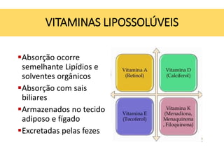 VITAMINAS LIPOSSOLÚVEIS
Absorção ocorre
semelhante Lipídios e
solventes orgânicos
Absorção com sais
biliares
Armazenados no tecido
adiposo e fígado
Excretadas pelas fezes
 