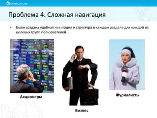 Проблема 4: Сложная навигация
•

Были создана удобная навигация и структура в каждом разделе для каждой из
целевых групп пользователей.

Журналисты

Акционеры
Бизнес

 