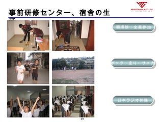 29
事前研修センター、宿舎の生
活
スポッツ：走り・サッカースポッツ：走り・サッカー
朝掃除：全員参加朝掃除：全員参加
日本ラジオ体操日本ラジオ体操
 