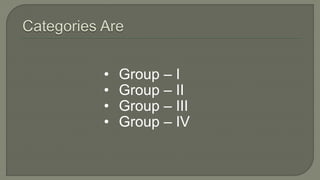 • Group – I
• Group – II
• Group – III
• Group – IV
 