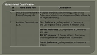 Sl.
No
Name of the Post Qualification
1. Deputy Superintendent of
Police (Category – I)
A Degree or Diploma in Criminology and Forensic
Scienceand also to those who possess National Awards
for PhysicalEfficiency.
2. Assistant Commissioner
(C.T.)
First Preference _ A Degree both in Commerce
and Law together with a Diploma in Taxation laws.
Second Preference _ A Degree both in Commerce
and Law.
Third Preference _ A Degree either in Commerce
or Law together with a Diploma in Taxation laws.
Fourth Preference _ A Degree either in Commerce
or Law.
Educational Qualification
 