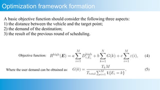 Optimization framework formation
A basic objective function should consider the following three aspects:
1) the distance between the vehicle and the target point;
2) the demand of the destination;
3) the result of the previous round of scheduling.
Where the user demand can be obtained as:
Objective function:
 
