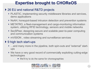 26 EU and national R&TD projects PLASTIC, implementing security middleware libraries and services, demo applications NoAH,  honeypot-based intrusion detection and prevention   systems METATRO, a fleet-management and cargo-monitoring information system, utilizing RFID technology, sensors and mobile networks SecSPeer, designing secure and scalable peer-to-peer computing and communication systems mVISION , video streaming and surveillance services 9 high tech start-ups … and many more in the pipeline, both spin-outs and “external” start-ups We have a very good record of commercially exploiting cutting-edge technologies We’ll try to do the same for choreographies Expertise brought to CHOReOS 