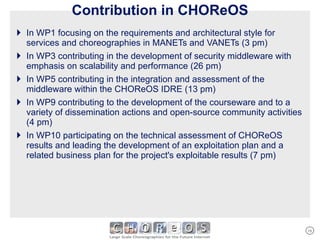 In WP1 focusing on the requirements and architectural style for services and choreographies in MANETs and VANETs (3 pm) In WP3 contributing in the development of security middleware with emphasis on scalability and performance (26 pm) In WP5 contributing in the integration and assessment of the middleware within the CHOReOS IDRE (13 pm) In WP9 contributing to the development of the courseware and to a variety of dissemination actions and open-source community activities (4 pm) In WP10 participating on the technical assessment of CHOReOS results and leading the development of an exploitation plan and a related business plan for the project's exploitable results (7 pm) Contribution in CHOReOS 