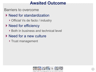 Awaited Outcome Barriers to overcome Need for standardization Official Vs de facto / industry Need for efficiency Both in business and technical level Need for a new culture Trust management 