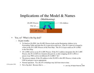© John Day, All Rights Reserved, 2009
10 November 2020 . 43
Implications of the Model & Names
(Multihoming)
•  Yea, so? What is the big deal?
–  It just works
•  To Send an (N)-PDU, the (N)-IPC-Process looks up the Destination Address in its
Forwarding Table and finds the (N-1)-port-id to send it on. (The (N-1)-port-id is bound to
a flow to the (N-1)-IPC-Process of the Next Hop. The (N-1)-Layer sends an (N-1)-PDU
to the Next Hop.
•  (N-1)-PDU arrives at an (N-1)-IPC Process. If the (N-1)-address designates this (N-1)-IPC
Process, the (N-1)-CEP-id is bound to the port-id, so after stripping off (N-1)-PCI, it
passes it up. PDUs arrive on different (N-1)-DIFs? So?
•  The process repeats. If the (N)-address in the (N)-PCI is this IPC-Process, it looks at the
CEP-id and pass it up as appropriate.
•  Normal operation. Yes, the (N-1)-bindings may fail from time to time.
•  Not a big deal. Because that is . . .
(N)-Address
Port -id
(N)-IPC-Process
(N-1)-IPC-Process
 