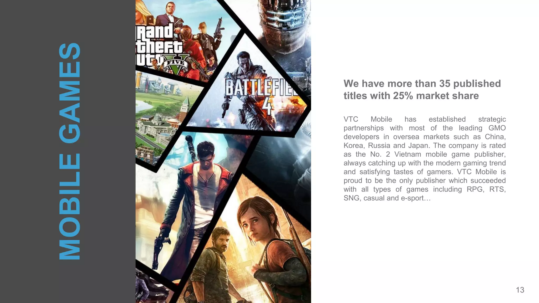 13
VTC Mobile has established strategic
partnerships with most of the leading GMO
developers in oversea markets such as China,
Korea, Russia and Japan. The company is rated
as the No. 2 Vietnam mobile game publisher,
always catching up with the modern gaming trend
and satisfying tastes of gamers. VTC Mobile is
proud to be the only publisher which succeeded
with all types of games including RPG, RTS,
SNG, casual and e-sport…
We have more than 35 published
titles with 25% market share
MOBILEGAMES
 