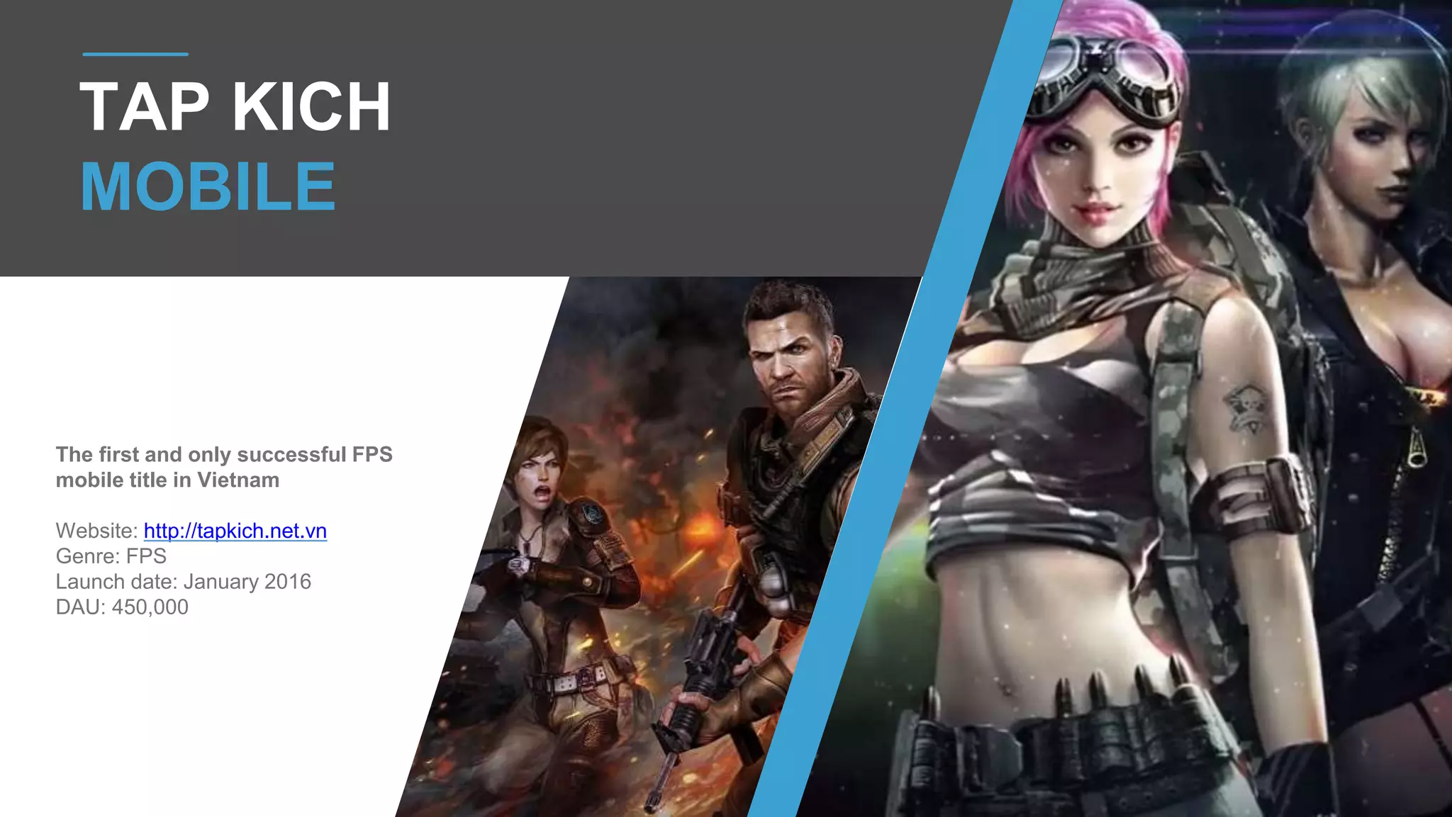 14
TAP KICH
MOBILE
The first and only successful FPS
mobile title in Vietnam
Website: http://tapkich.net.vn
Genre: FPS
Launch date: January 2016
DAU: 450,000
 