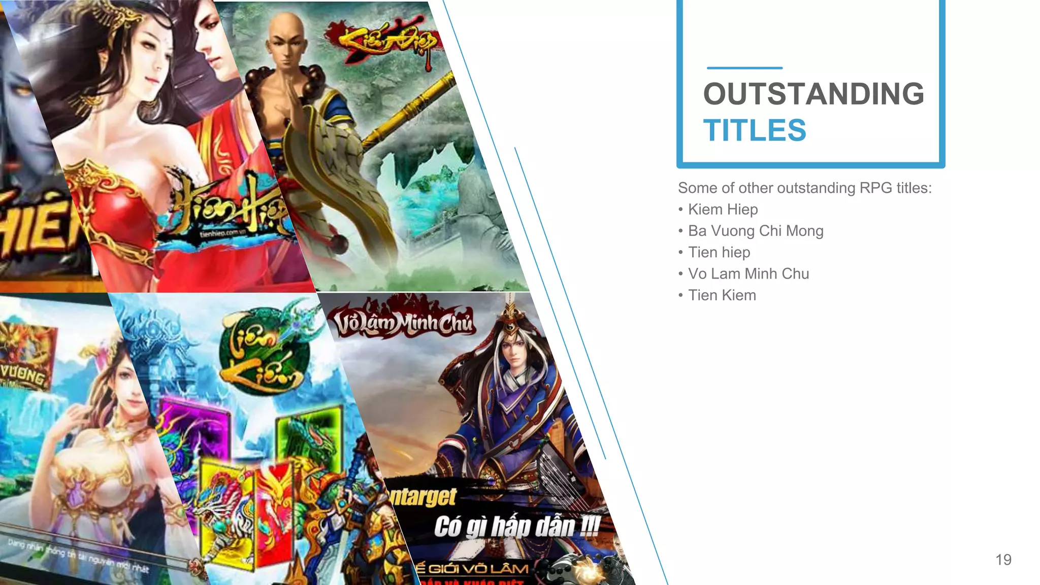 19
OUTSTANDING
TITLES
Some of other outstanding RPG titles:
• Kiem Hiep
• Ba Vuong Chi Mong
• Tien hiep
• Vo Lam Minh Chu
• Tien Kiem
 