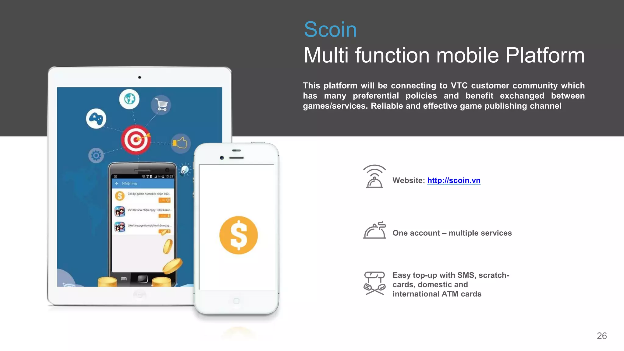26
This platform will be connecting to VTC customer community which
has many preferential policies and benefit exchanged between
games/services. Reliable and effective game publishing channel
Scoin
Multi function mobile Platform
One account – multiple services
Website: http://scoin.vn
Easy top-up with SMS, scratch-
cards, domestic and
international ATM cards
 
