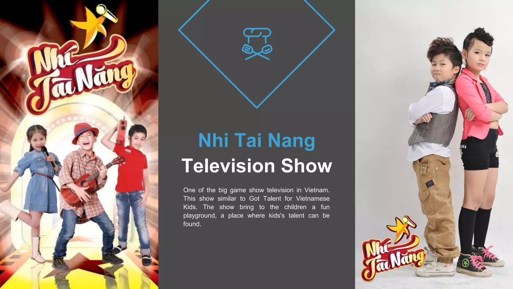 31
Nhi Tai Nang
Television Show
One of the big game show television in Vietnam.
This show similar to Got Talent for Vietnamese
Kids. The show bring to the children a fun
playground, a place where kids's talent can be
found.
 
