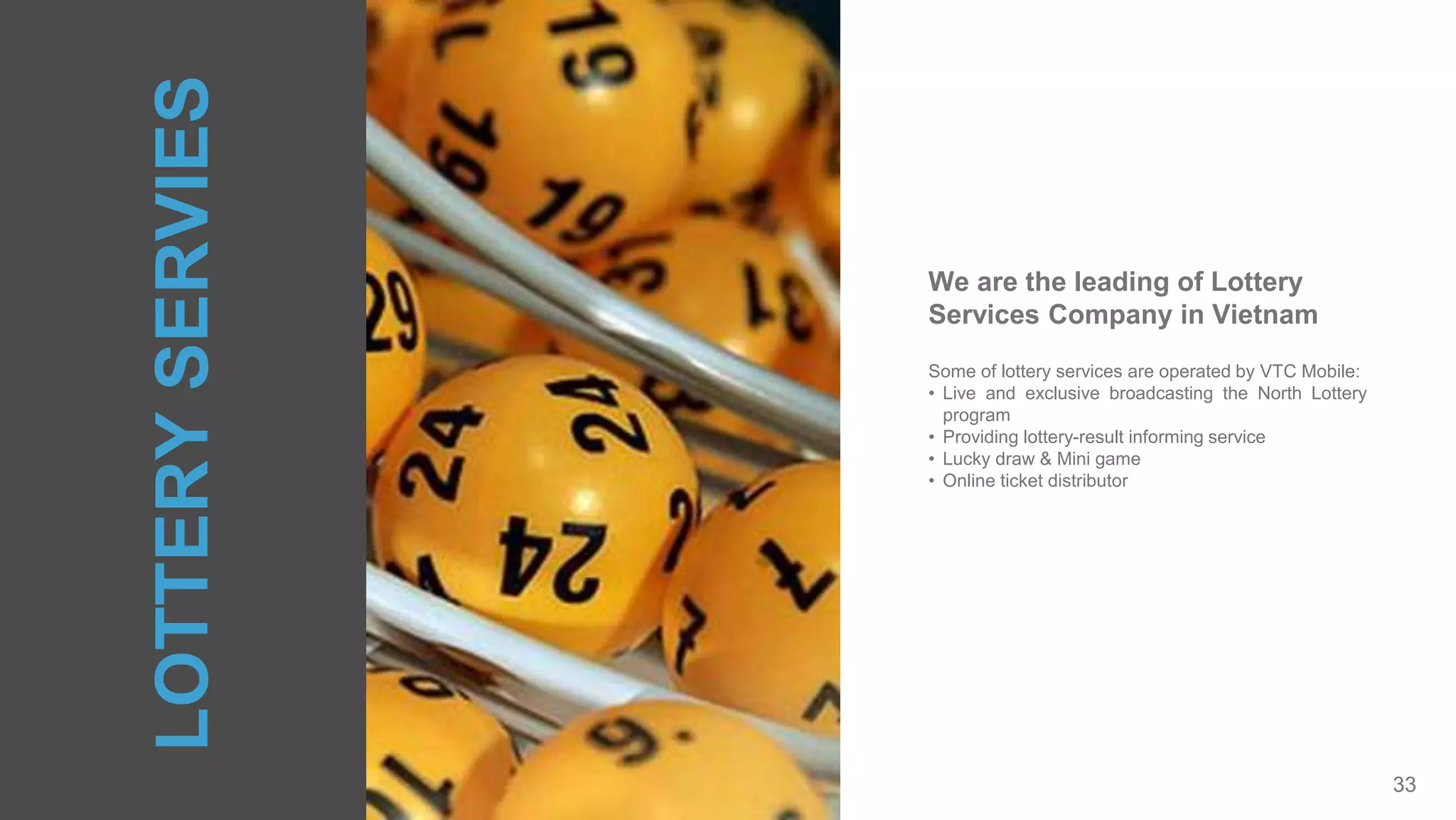 33
Some of lottery services are operated by VTC Mobile:
• Live and exclusive broadcasting the North Lottery
program
• Providing lottery-result informing service
• Lucky draw & Mini game
• Online ticket distributor
We are the leading of Lottery
Services Company in Vietnam
LOTTERYSERVIES
 