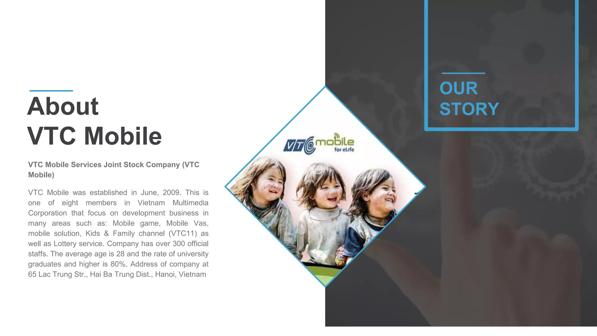 4
VTC Mobile Services Joint Stock Company (VTC
Mobile)
VTC Mobile was established in June, 2009. This is
one of eight members in Vietnam Multimedia
Corporation that focus on development business in
many areas such as: Mobile game, Mobile Vas,
mobile solution, Kids & Family channel (VTC11) as
well as Lottery service. Company has over 300 official
staffs. The average age is 28 and the rate of university
graduates and higher is 80%. Address of company at
65 Lac Trung Str., Hai Ba Trung Dist., Hanoi, Vietnam
About
VTC Mobile
OUR
STORY
 