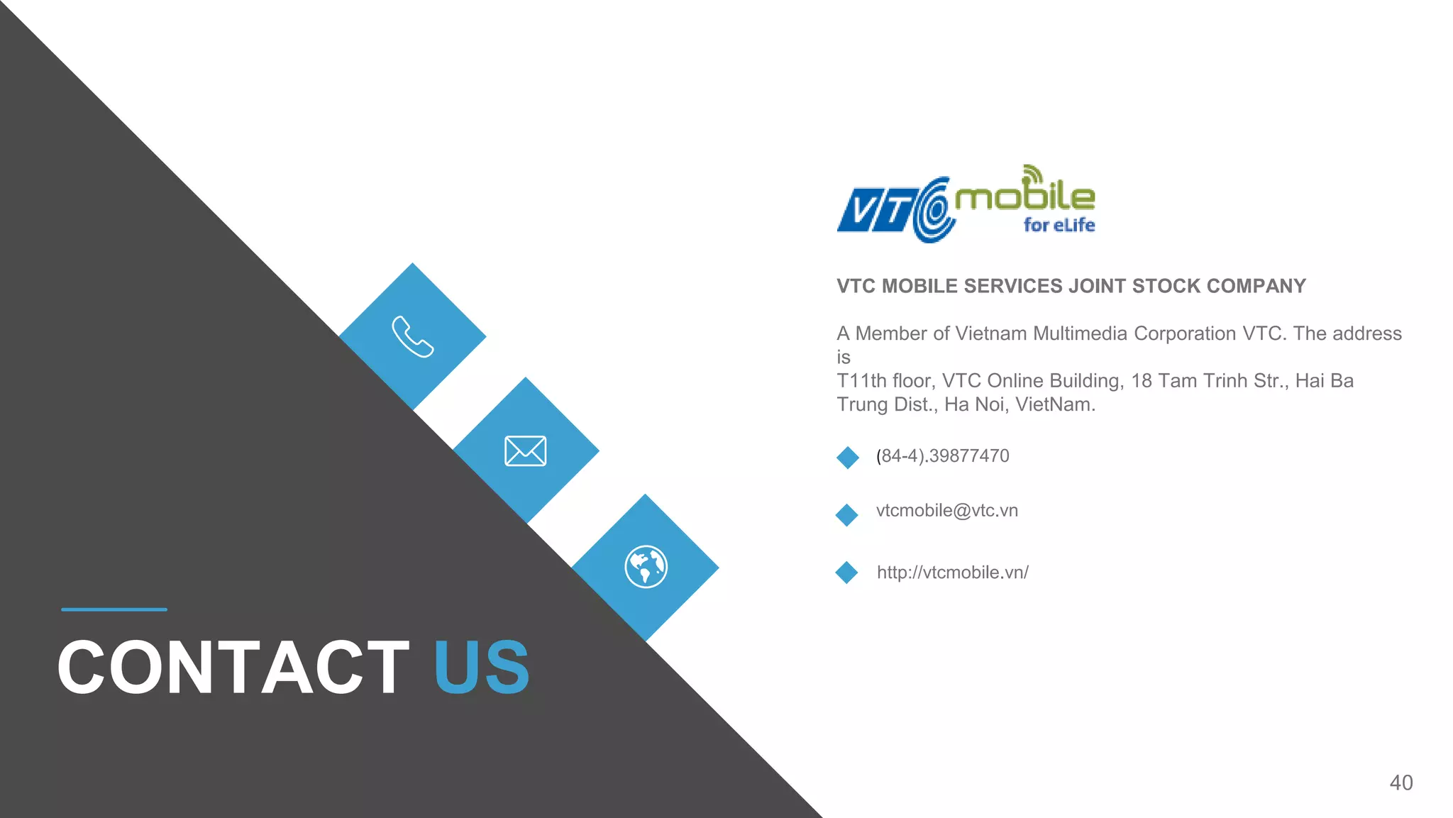 40
(84-4).39877470
http://vtcmobile.vn/
vtcmobile@vtc.vn
VTC MOBILE SERVICES JOINT STOCK COMPANY
A Member of Vietnam Multimedia Corporation VTC. The address
is
T11th floor, VTC Online Building, 18 Tam Trinh Str., Hai Ba
Trung Dist., Ha Noi, VietNam.
CONTACT US
 