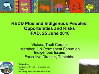 REDD Plus and Indigenous Peoples: Opportunities and Risks IFAD, 25 June 2010 Victoria Tauli-Corpuz Member, UN Permanent Forum on Indigenous Issues Executive Director, Tebtebba Tebtebba Indigenous Peoples’ International Centre  for Policy Research and Education 