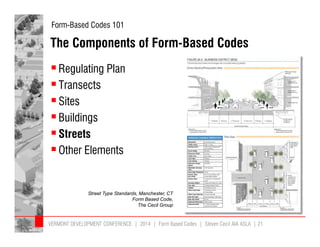 Form-Based Codes 101 
The Components of Form-Based Codes 
 Regulating Plan 
 Transects 
 Sites 
 Buildings 
 Streets 
 Other Elements 
Street Type Standards, Manchester, CT 
Form Based Code, 
The Cecil Group 
VERMONT DEVELOPMENT CONFERENCE | 2014 | Form Based Codes | Steven Cecil AIA ASLA | 21 
 