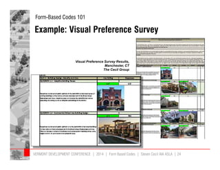 Form-Based Codes 101 
Example: Visual Preference Survey 
Visual Preference Survey Results, 
Manchester, CT 
The Cecil Group 
VERMONT DEVELOPMENT CONFERENCE | 2014 | Form Based Codes | Steven Cecil AIA ASLA | 24 
 