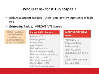 Who is at risk for VTE in hospital?
• Risk Assessment Models (RAMs) can identify inpatients at high
risk
• Examples: Padua, IMPROVE-VTE Scores
Padua RAM: Factors
Previous VTE
Thrombophilia
Active cancer
Age > 70 years
Reduced mobility
Recent trauma/surgery
Heart or respiratory failure
Acute MI or stroke
Hormonal treatment
Obesity (BMI > 30)
Infection/rheumatologic
IMPROVE-VTE RAM:
Factors
Previous VTE
Thrombophilia
Active cancer
Age > 60 years
Immobilization of ≥ 7
days
Lower limb paralysis
ICU/CCU stay
These RAMs are
not extensively
validated for
guiding decisions
about prophylaxis
 
