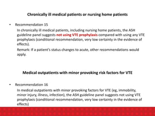 Chronically ill medical patients or nursing home patients
• Recommendation 15
In chronically ill medical patients, including nursing home patients, the ASH
guideline panel suggests not using VTE prophylaxis compared with using any VTE
prophylaxis (conditional recommendation, very low certainty in the evidence of
effects).
Remark: If a patient’s status changes to acute, other recommendations would
apply.
Medical outpatients with minor provoking risk factors for VTE
• Recommendation 16
In medical outpatients with minor provoking factors for VTE (eg, immobility,
minor injury, illness, infection), the ASH guideline panel suggests not using VTE
prophylaxis (conditional recommendation, very low certainty in the evidence of
effects)
 