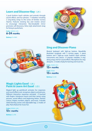 Learn and Discover Key                   ( UK )
3 push buttons teach vehicles and animals through
sound effects and fun phrases. 7 melodies including
2 sing-along songs to the tunes of familiar nursery
rhymes. Features twisting key and motion sensor
to encourage interaction. Non-breakable mirror
promotes self-discovery. Velco style attachment strap
for fixing to pushchairs.
Code: 100303 ( UK )
6-24 months
Battery: 3 x AAA




                                                          Sing and Discover Piano
                                                          Musical keyboard with light-up buttons. Beautifully
                                                          illustrated songbook with 2 turning pages. 5 piano
                                                          buttons and 5 light-up music buttons teach animals,
                                                          instruments and colours. 15 popular melodies, 6 sing-
                                                          along songs and fun sound effects. Microphone for sing-
                                                          along fun. 2 modes of play for learning and music fun.
                                                          Code: 76500 ( US )
                                                          12+ months
                                                          Code: 76505
                                                          12+ months
                                                          Battery: 3 x AA



Magic Lights Easel ( UK )
Paint & Learn Art Easel ( US )
Magical light up paintbrush activates fun responses
and sound effects and. recognises objects and pictures.
Different interactive responses activated if touched
with fingers. Introduces insects and their names using
pictures, sound effects and beginning letters. Teaches
colours, shapes, numbers, objects and music. 3 double
sided learning scenes and adjustable legs. 2 modes of
play. Piano feature for music fun.

Code: 079205 ( UK )
12+ months
Battery: 2 x AA




                                                      32
 