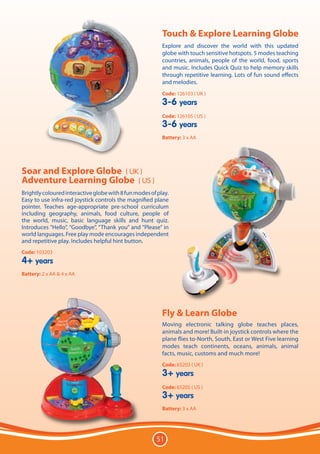 Touch & Explore Learning Globe
                                                          Explore and discover the world with this updated
                                                          globe with touch sensitive hotspots. 5 modes teaching
                                                          countries, animals, people of the world, food, sports
                                                          and music. Includes Quick Quiz to help memory skills
                                                          through repetitive learning. Lots of fun sound effects
                                                          and melodies.
                                                          Code: 126103 ( UK )
                                                          3-6 years
                                                          Code: 126105 ( US )
                                                          3-6 years
                                                          Battery: 3 x AA




Soar and Explore Globe ( UK )
Adventure Learning Globe ( US )
Brightly coloured interactive globe with 8 fun modes of play.
Easy to use infra-red joystick controls the magnified plane
pointer. Teaches age-appropriate pre-school curriculum
including geography, animals, food culture, people of
the world, music, basic language skills and hunt quiz.
Introduces “Hello”, “Goodbye”, “Thank you” and “Please” in
world languages. Free play mode encourages independent
and repetitive play. Includes helpful hint button.
Code: 103203
4+ years
Battery: 2 x AA & 4 x AA




                                                          Fly & Learn Globe
                                                          Moving electronic talking globe teaches places,
                                                          animals and more! Built-in joystick controls where the
                                                          plane flies to-North, South, East or West Five learning
                                                          modes teach continents, oceans, animals, animal
                                                          facts, music, customs and much more!
                                                          Code: 65203 ( UK )
                                                          3+ years
                                                          Code: 65205 ( US )
                                                          3+ years
                                                          Battery: 3 x AA




                                                       51
 