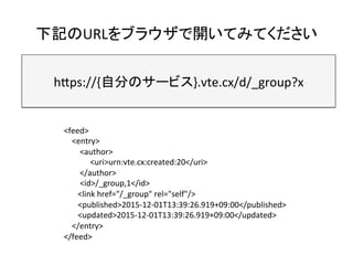 下記のURLをブラウザで開いてみてください	
h8ps://{自分のサービス}.vte.cx/d/_group?x　	
<feed>	
				<entry>	
								<author>	
	 <uri>urn:vte.cx:created:20</uri>	
								</author>	
								<id>/_group,1</id>	
							<link	href="/_group"	rel="self"/>	
							<published>2015-12-01T13:39:26.919+09:00</published>	
							<updated>2015-12-01T13:39:26.919+09:00</updated>	
				</entry>	
</feed>	
 