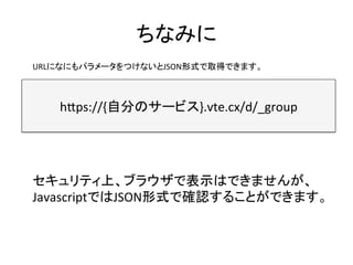 ちなみに	
h8ps://{自分のサービス}.vte.cx/d/_group	
URLになにもパラメータをつけないとJSON形式で取得できます。	
セキュリティ上、ブラウザで表示はできませんが、	
JavascriptではJSON形式で確認することができます。	
 