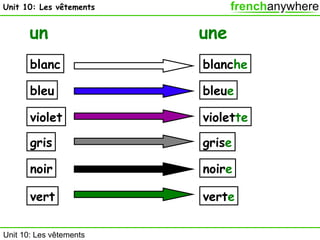 Unit 10: Les vêtements

un

une

blanc

blanche

bleu

bleue

violet

violette

gris

grise

noir

noire

vert

verte

Unit 10: Les vêtements

 