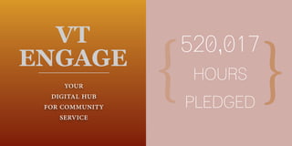 {
  VT                 520,017   {
ENGAGE
                      hours
      your
   digital hub
 for community       pledged
     service
 