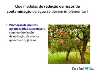 Que medidas de redução de riscos de
contaminação da água se devem implementar?
• Promoção de práticas
agropecuárias sustentáveis,
com monitorização
da utilização de adubos
químicos e orgânicos.
 