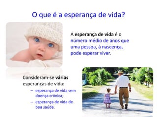 O que é a esperança de vida?
A esperança de vida é o
número médio de anos que
uma pessoa, à nascença,
pode esperar viver.
Consideram-se várias
esperanças de vida:
– esperança de vida sem
doença crónica;
– esperança de vida de
boa saúde.
 