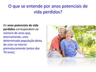 O que se entende por anos potenciais de
vida perdidos?
Os anos potenciais de vida
perdidos correspondem ao
número de anos que,
teoricamente, uma
determinada população deixa
de viver se morrer
prematuramente (antes dos
70 anos).
 