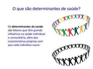 O que são determinantes de saúde?
Os determinantes da saúde
são fatores que têm grande
influência na saúde individual
e comunitária, além das
características próprias com
que cada indivíduo nasce.
 
