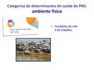 Categorias de determinantes de saúde do PNS:
ambiente físico
• Condições de vida
e de trabalho.
 