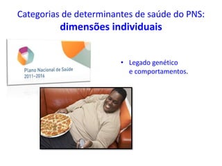 Categorias de determinantes de saúde do PNS:
dimensões individuais
• Legado genético
e comportamentos.
 