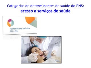 Categorias de determinantes de saúde do PNS:
acesso a serviços de saúde
 