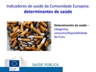 Indicadores de saúde da Comunidade Europeia:
determinantes de saúde
Determinantes da saúde –
tabagismo,
consumo/disponibilidade
de fruta.
 
