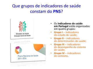 Que grupos de indicadores de saúde
constam do PNS?
• Os indicadores de saúde
em Portugal estão organizados
em quatro grupos:
• Grupo I – indicadores
do estado de saúde;
• Grupo II – indicadores
de determinantes de saúde;
• Grupo III – indicadores
de desempenho do sistema
de saúde;
• Grupo IV – indicadores
de contexto.
 