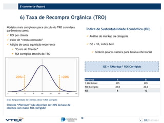 E-commerce Report

6) Taxa de Recompra Orgânica (TRO)
Modelos mais complexos para cálculo do TRO considera
parâmetros como:

Índice de Sustentabilidade Econômica (ISE)

 ROI por cliente

 Análise do markup da categoria

 Valor de “venda aprovada”
 ISE > 10, índice bom

 Adição do custo aquisição recorrente
 “Custo do Cliente”

 Existem poucos valores para tabela referencial

 ROI corrigido através do TRO

ISE = %Markup * ROI Corrigido

20%<

<20%

Empresa
% Markdown

A
40%

B
60%

ROI Corrigido

20,0

20,0

8

12

ISE

(Eixo X) Quantidade de Clientes; (Eixo Y) ROI Corrigido

Clientes “Platinum” não deveriam ser 20% da base de
clientes com maior ROI corrigido?

18

 